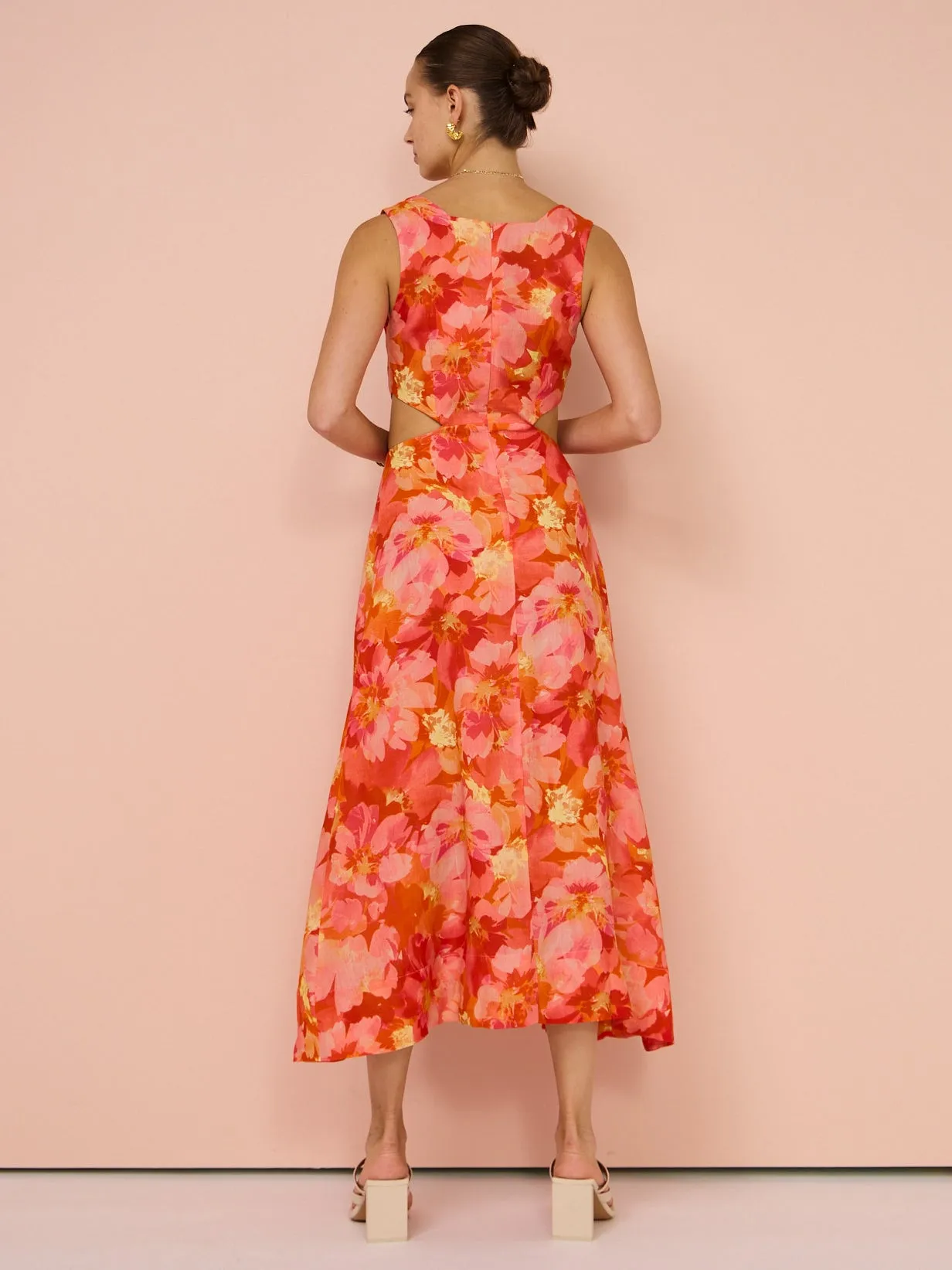 Sofia The Label Emelia Cut Out Midi Dress in Red & Pink Floral