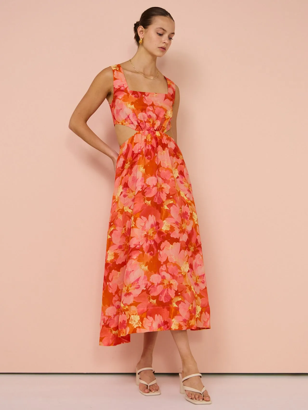 Sofia The Label Emelia Cut Out Midi Dress in Red & Pink Floral