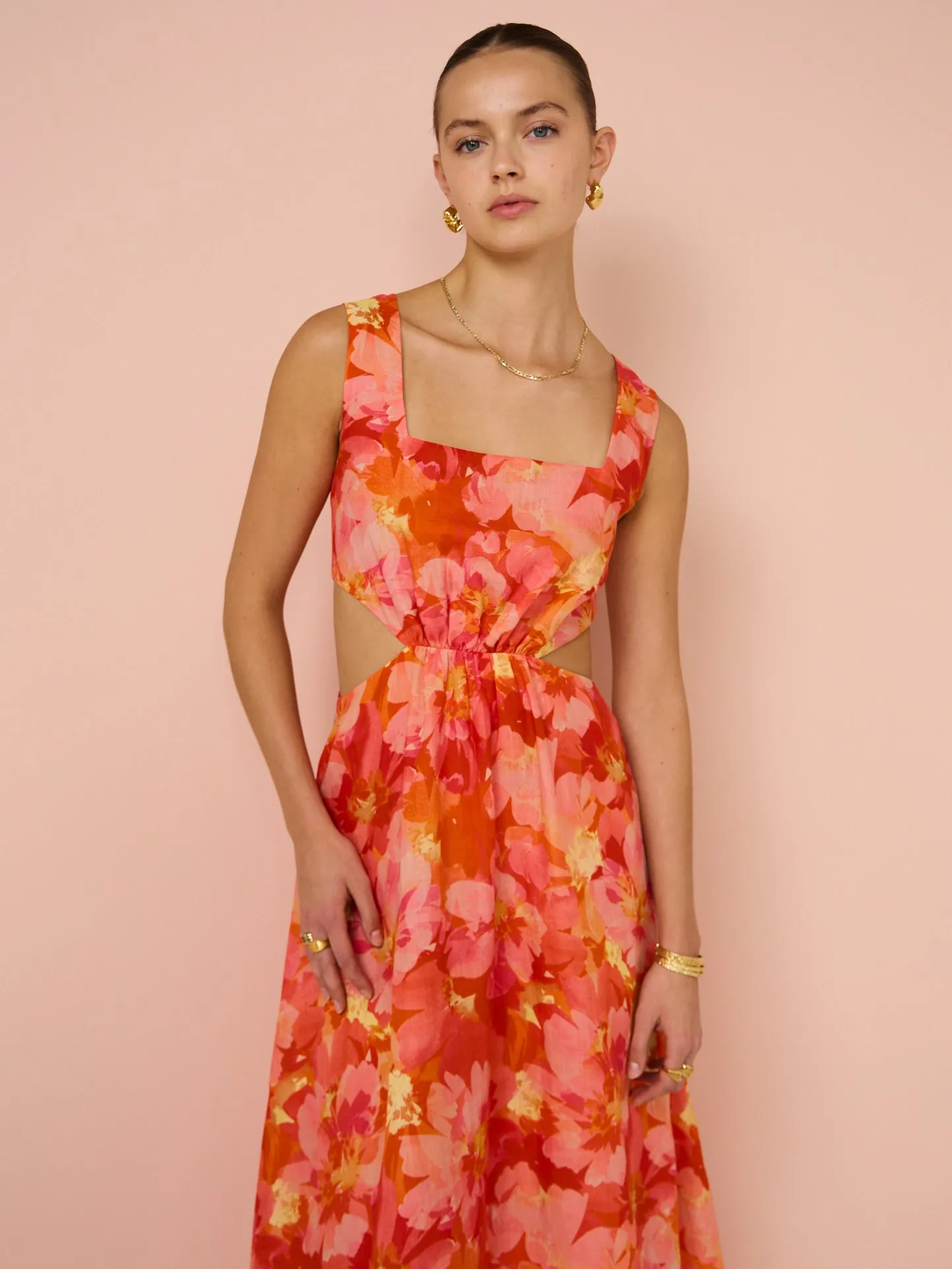 Sofia The Label Emelia Cut Out Midi Dress in Red & Pink Floral