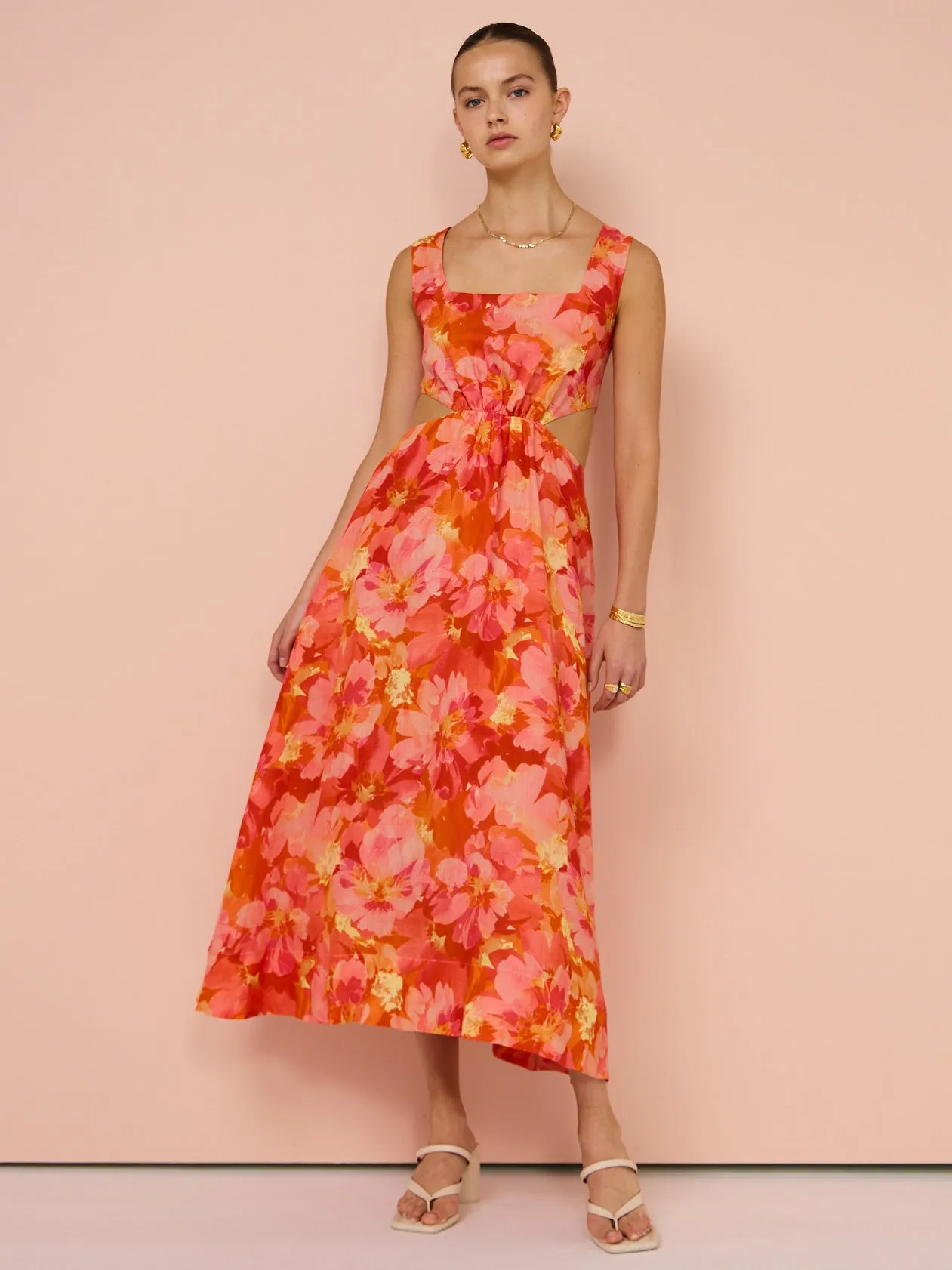 Sofia The Label Emelia Cut Out Midi Dress in Red & Pink Floral