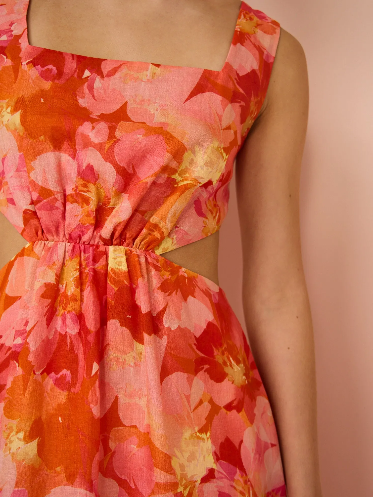Sofia The Label Emelia Cut Out Midi Dress in Red & Pink Floral