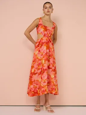 Sofia The Label Emelia Cut Out Midi Dress in Red & Pink Floral