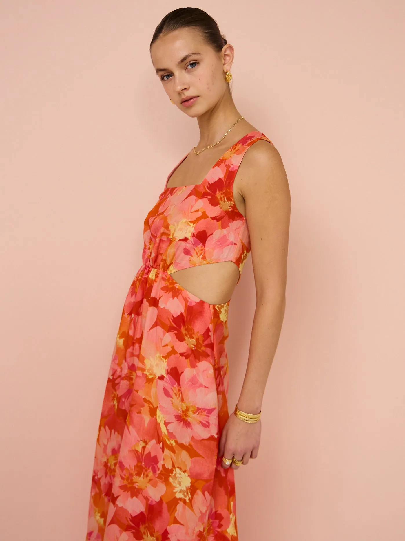 Sofia The Label Emelia Cut Out Midi Dress in Red & Pink Floral