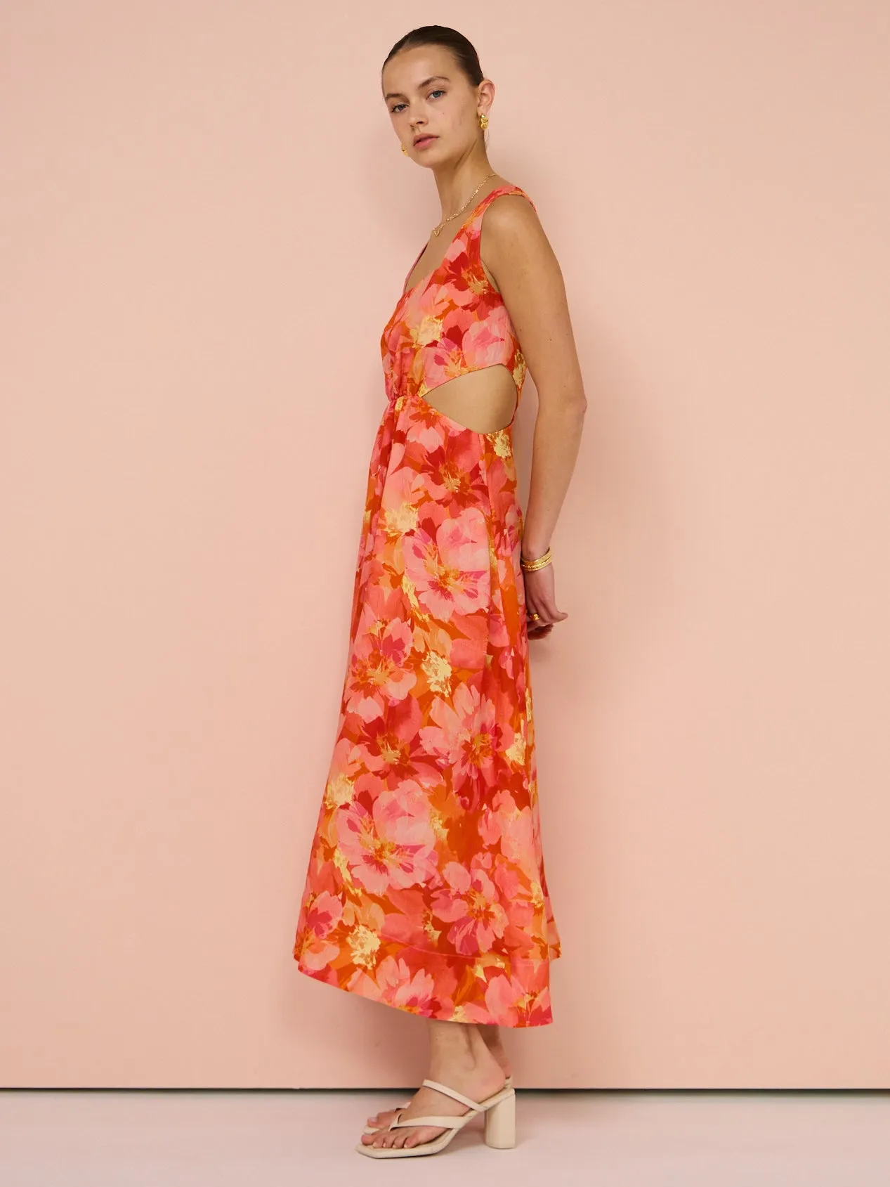 Sofia The Label Emelia Cut Out Midi Dress in Red & Pink Floral