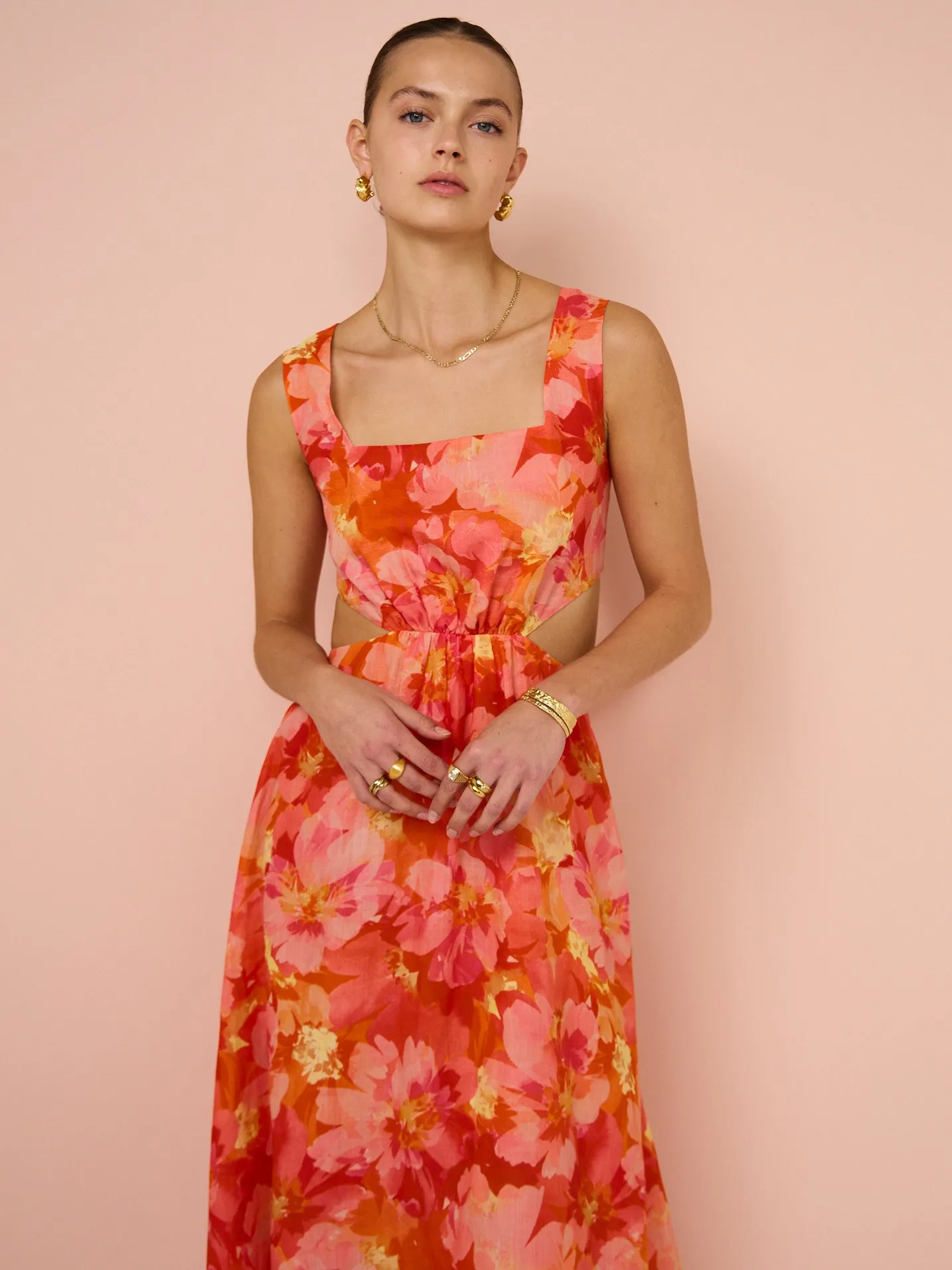 Sofia The Label Emelia Cut Out Midi Dress in Red & Pink Floral