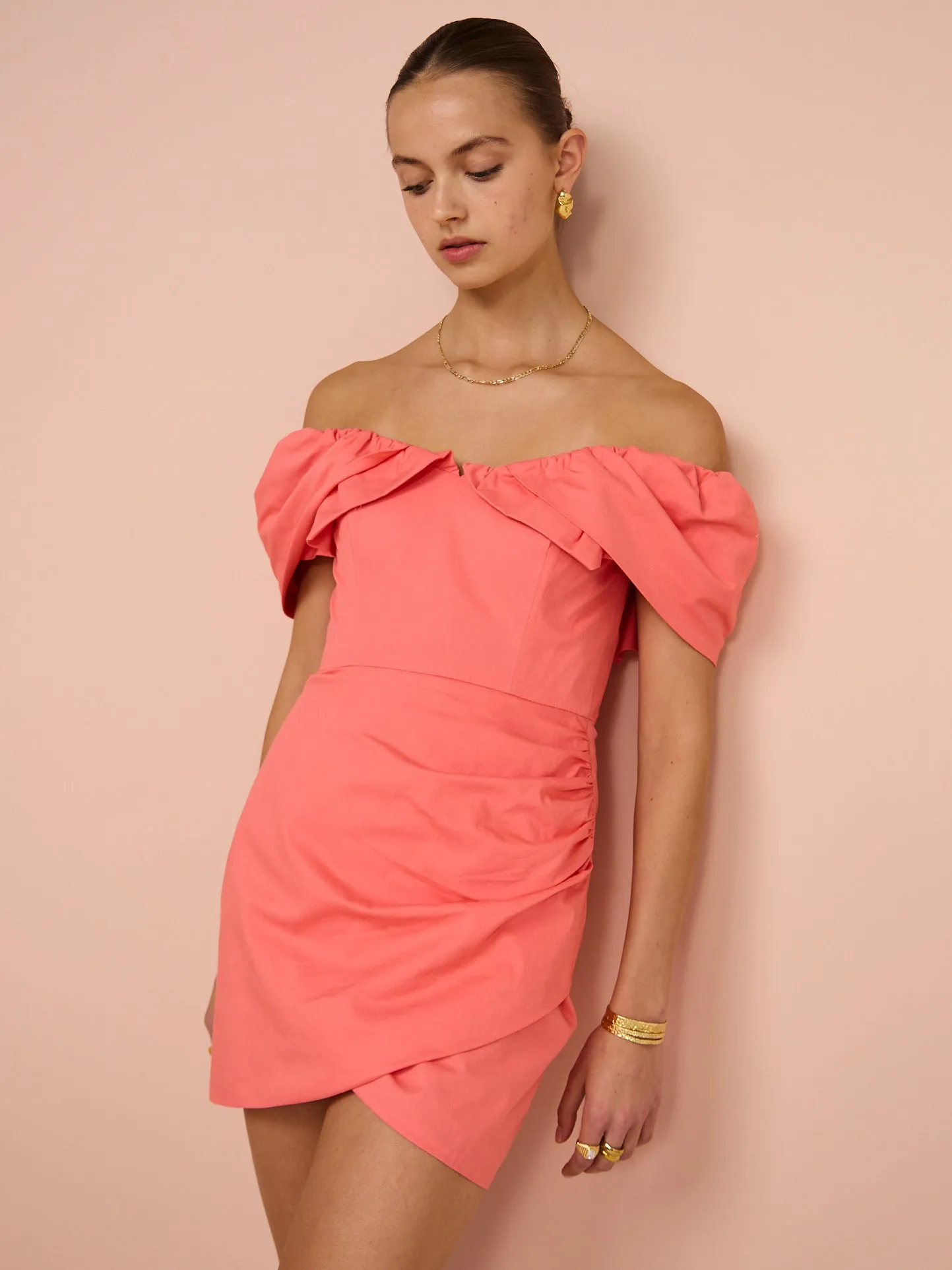 Sofia The Label Hailey Off Shoulder Mini Dress in Watermelon