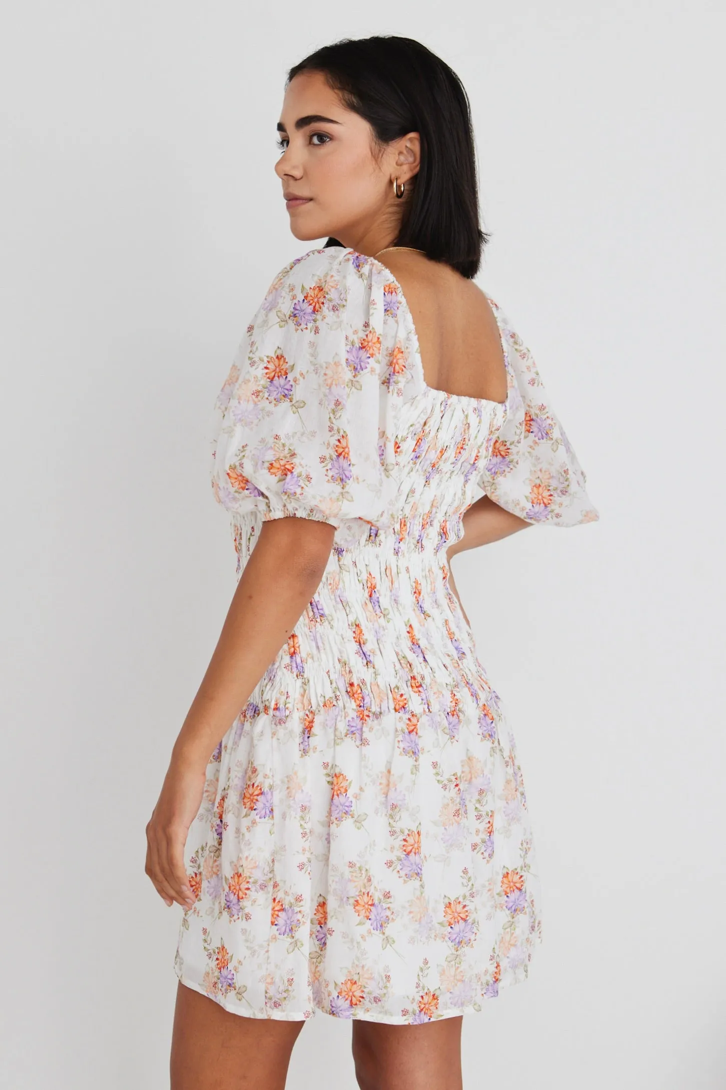 Sol White Bright Floral Puff Sleeve Mini Dress