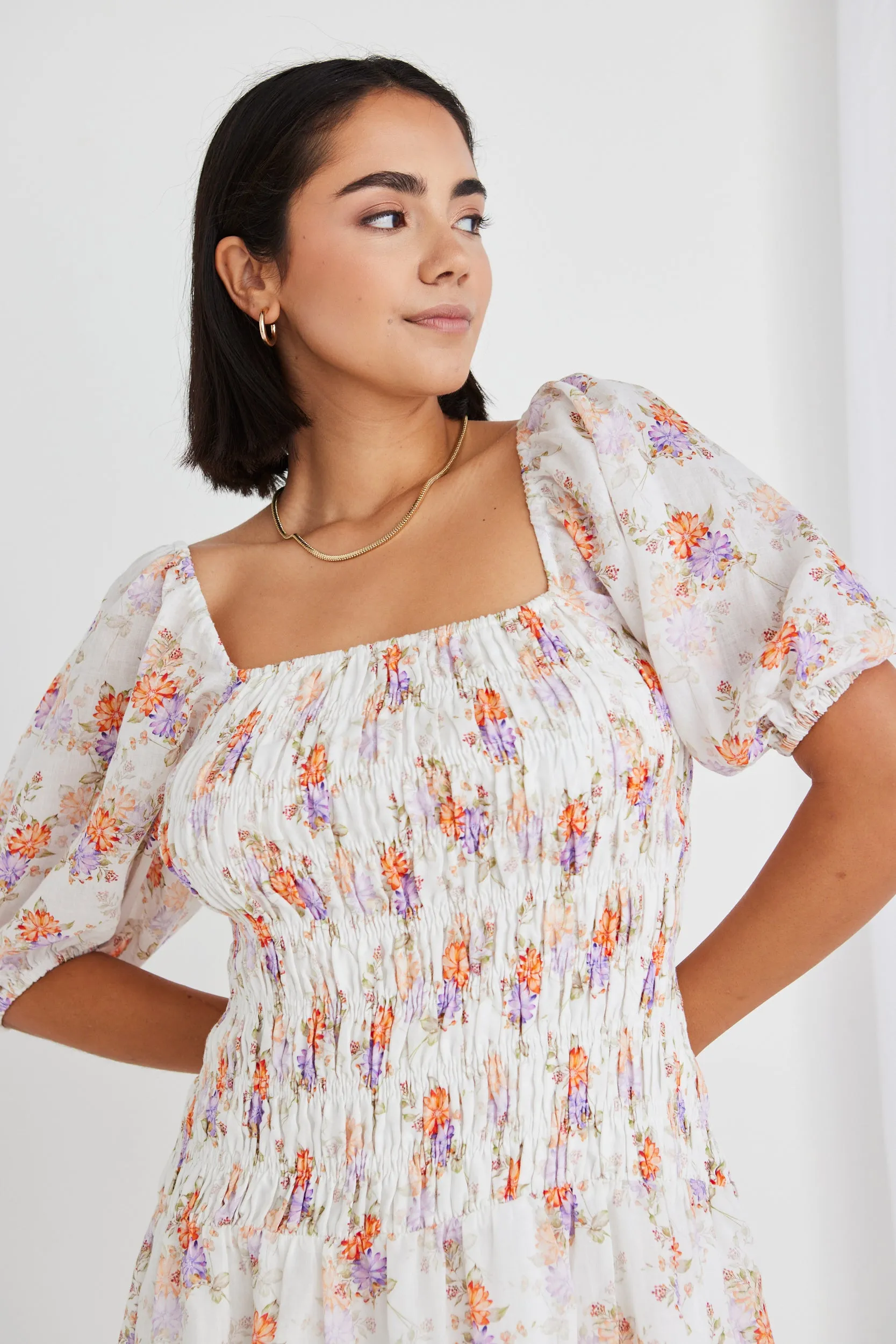 Sol White Bright Floral Puff Sleeve Mini Dress