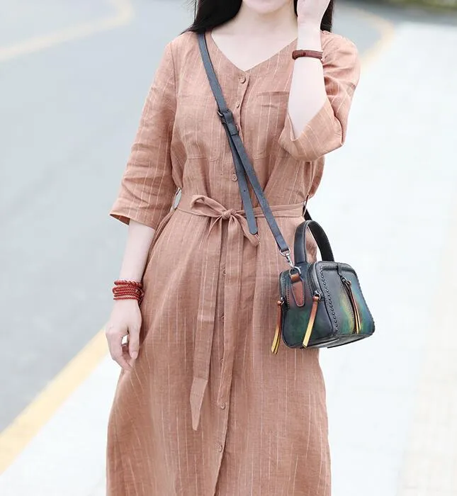 Striped V Neck Women Dresses Ramie Casual Spring Linen Women Dresses Short Sleeve SSM97215