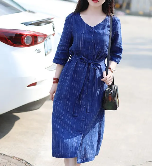 Striped V Neck Women Dresses Ramie Casual Spring Linen Women Dresses Short Sleeve SSM97215