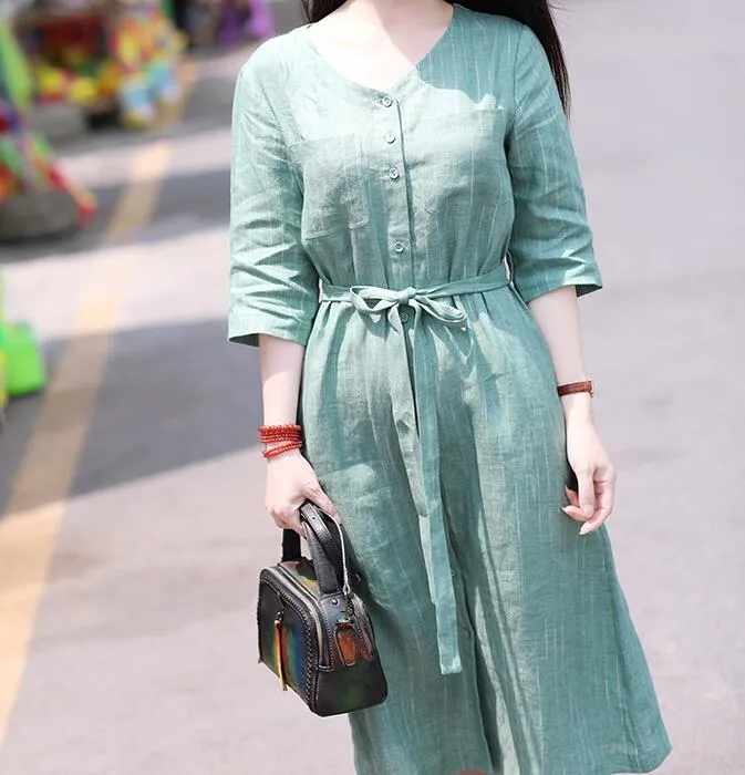 Striped V Neck Women Dresses Ramie Casual Spring Linen Women Dresses Short Sleeve SSM97215