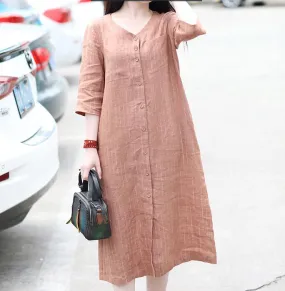 Striped V Neck Women Dresses Ramie Casual Spring Linen Women Dresses Short Sleeve SSM97215