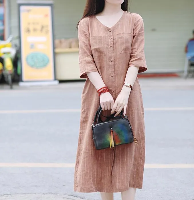 Striped V Neck Women Dresses Ramie Casual Spring Linen Women Dresses Short Sleeve SSM97215