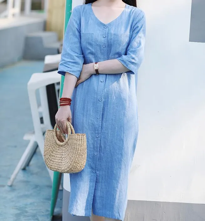 Striped V Neck Women Dresses Ramie Casual Spring Linen Women Dresses Short Sleeve SSM97215