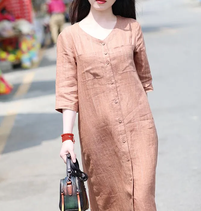Striped V Neck Women Dresses Ramie Casual Spring Linen Women Dresses Short Sleeve SSM97215