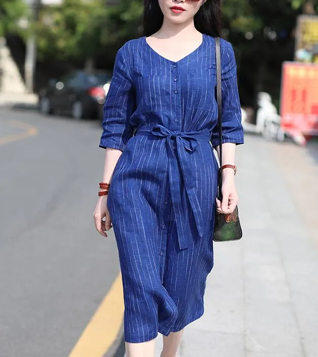 Striped V Neck Women Dresses Ramie Casual Spring Linen Women Dresses Short Sleeve SSM97215