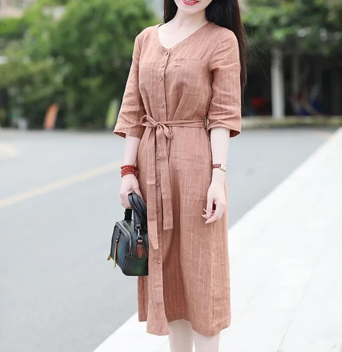 Striped V Neck Women Dresses Ramie Casual Spring Linen Women Dresses Short Sleeve SSM97215