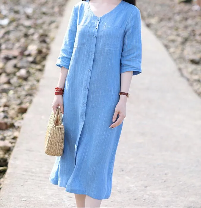 Striped V Neck Women Dresses Ramie Casual Spring Linen Women Dresses Short Sleeve SSM97215