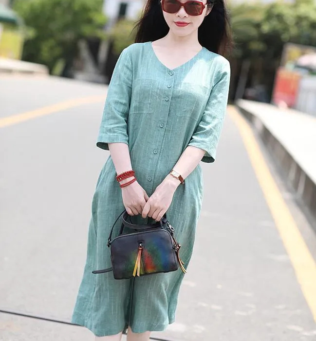 Striped V Neck Women Dresses Ramie Casual Spring Linen Women Dresses Short Sleeve SSM97215