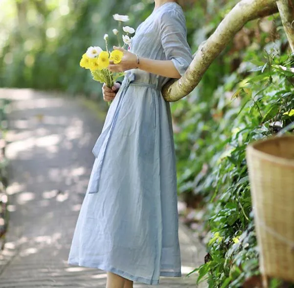 Summer Linen Women Dresses 3/4 Sleeves V Neck Dresses CH9515