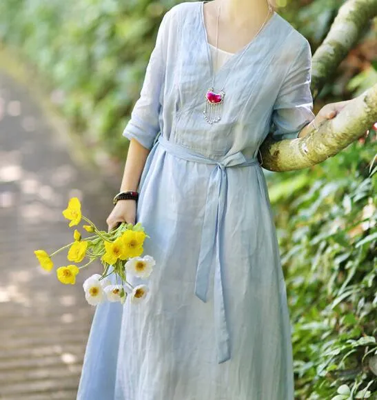 Summer Linen Women Dresses 3/4 Sleeves V Neck Dresses CH9515