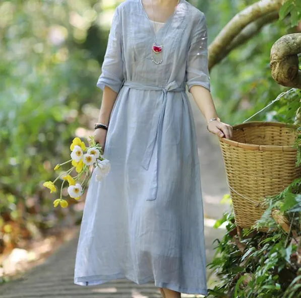 Summer Linen Women Dresses 3/4 Sleeves V Neck Dresses CH9515