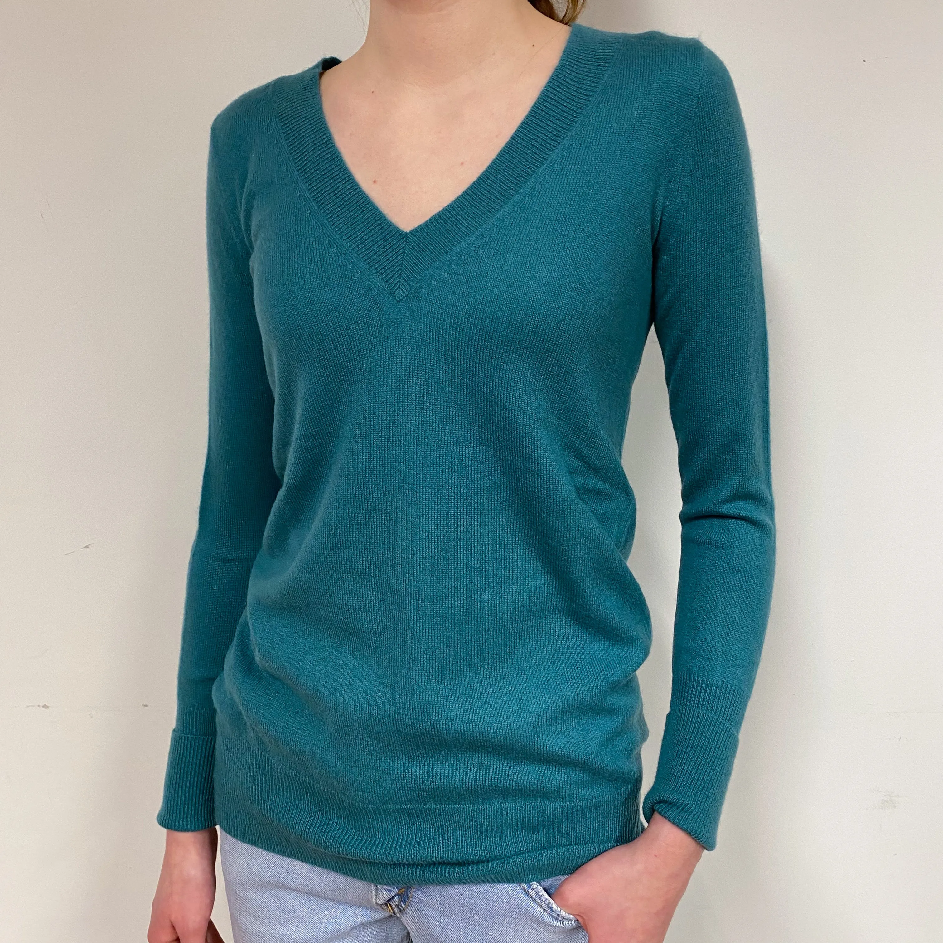 Teal Green Cashmere V-Neck Jumper Extra Small