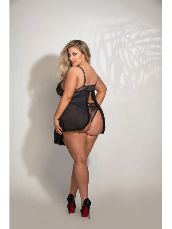 Two Piece Embroidered Babydoll And Panty Set STM-11285X-Black-3X/4X