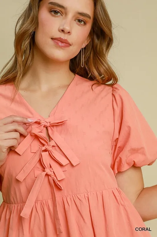 Umgee  Babydoll Fit N Flare Ballon Sleeve Dress - Coral