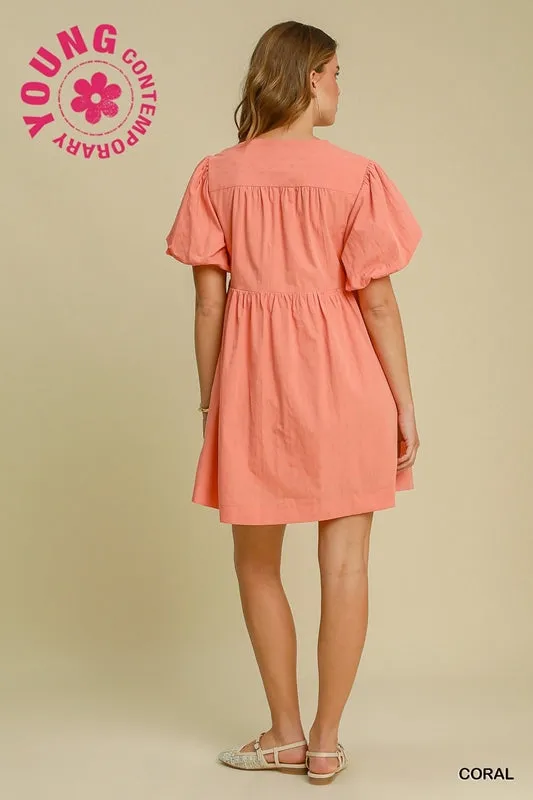 Umgee  Babydoll Fit N Flare Ballon Sleeve Dress - Coral