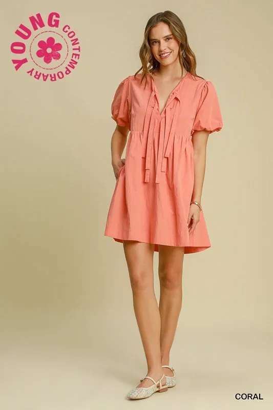 Umgee  Babydoll Fit N Flare Ballon Sleeve Dress - Coral