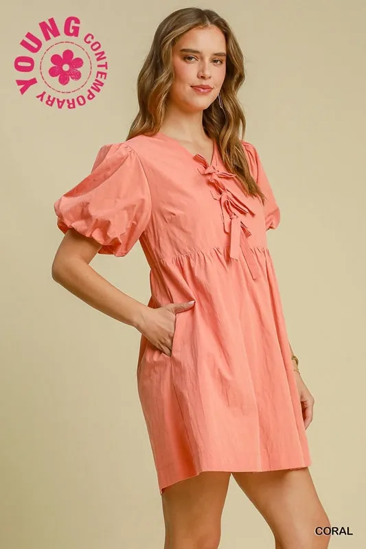 Umgee  Babydoll Fit N Flare Ballon Sleeve Dress - Coral