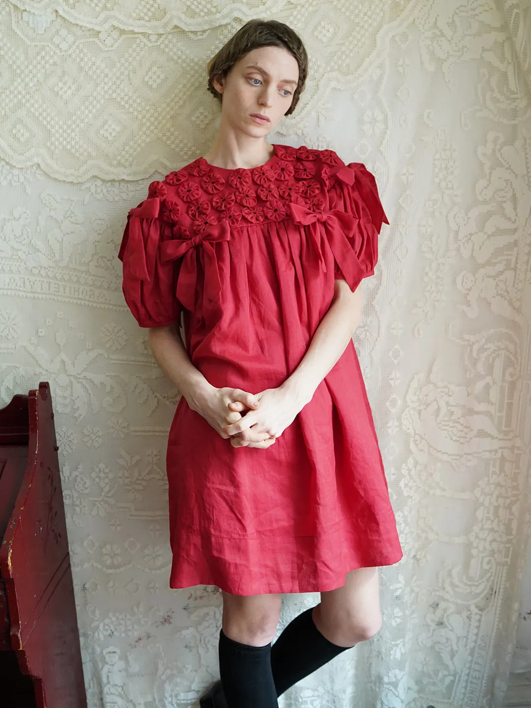 Unlogical Poem Handmade Yoyo Flower Bow Short Bud Dress