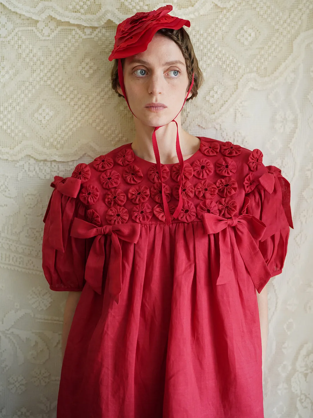 Unlogical Poem Handmade Yoyo Flower Bow Short Bud Dress
