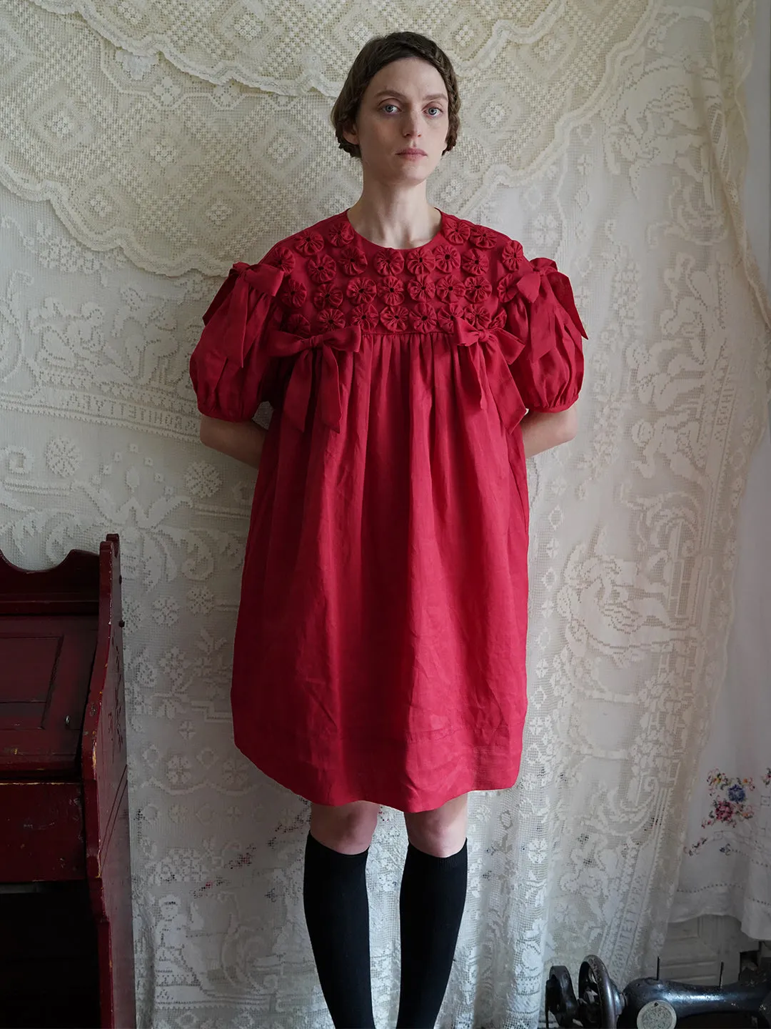 Unlogical Poem Handmade Yoyo Flower Bow Short Bud Dress