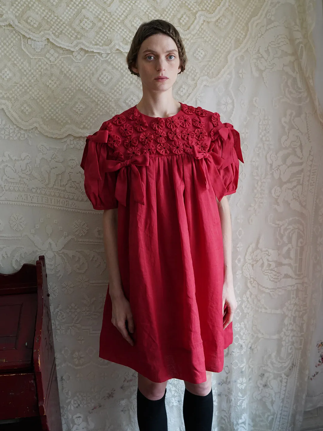 Unlogical Poem Handmade Yoyo Flower Bow Short Bud Dress