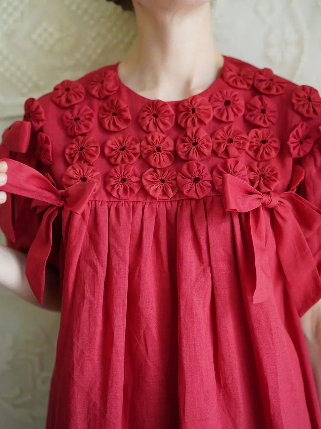 Unlogical Poem Handmade Yoyo Flower Bow Short Bud Dress