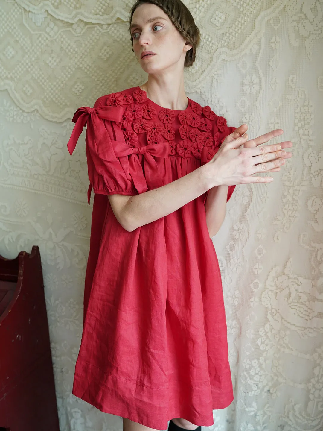 Unlogical Poem Handmade Yoyo Flower Bow Short Bud Dress