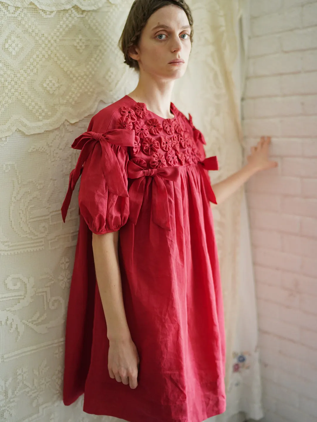 Unlogical Poem Handmade Yoyo Flower Bow Short Bud Dress