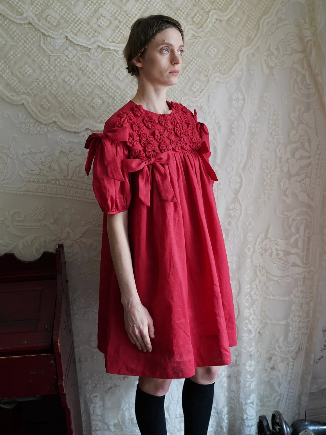 Unlogical Poem Handmade Yoyo Flower Bow Short Bud Dress