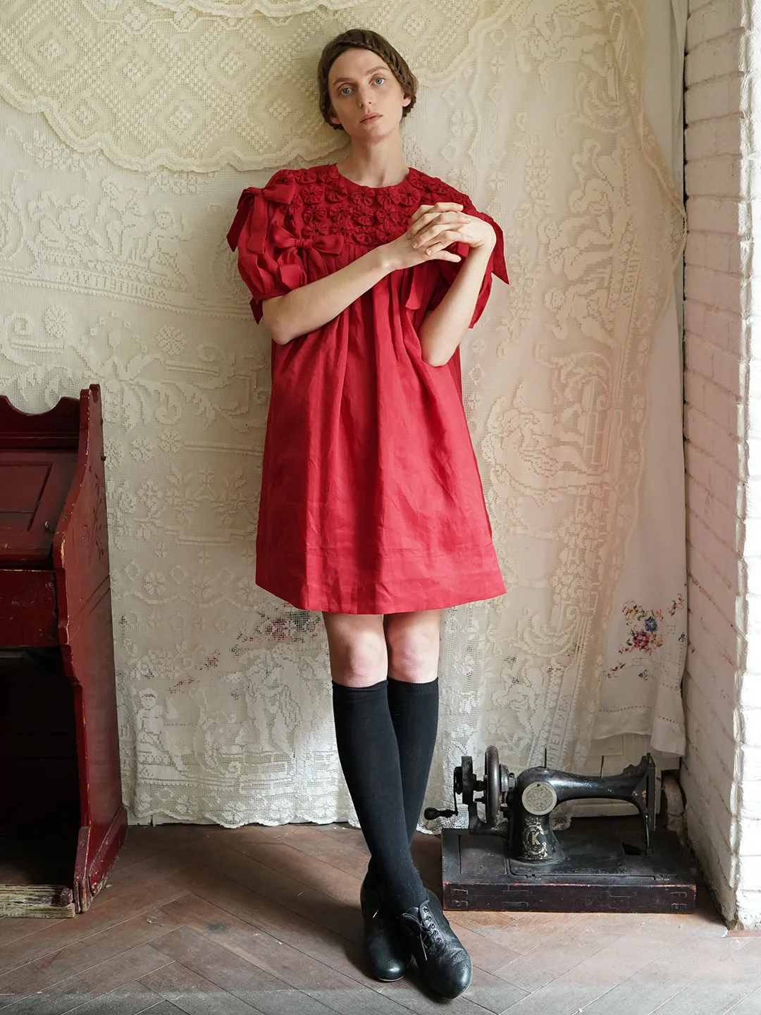Unlogical Poem Handmade Yoyo Flower Bow Short Bud Dress