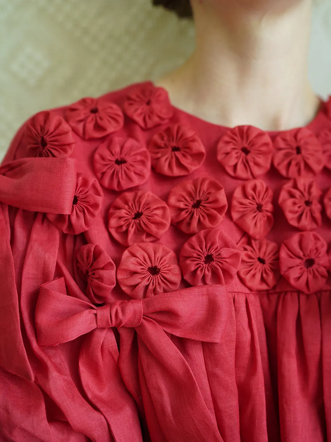 Unlogical Poem Handmade Yoyo Flower Bow Short Bud Dress