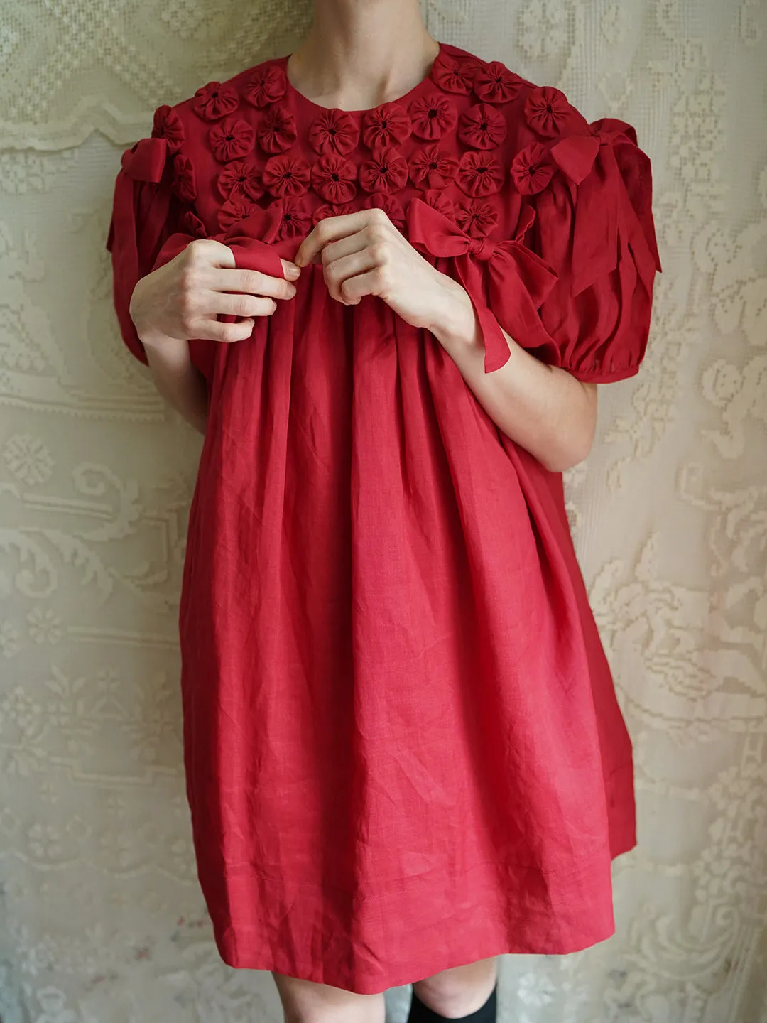 Unlogical Poem Handmade Yoyo Flower Bow Short Bud Dress