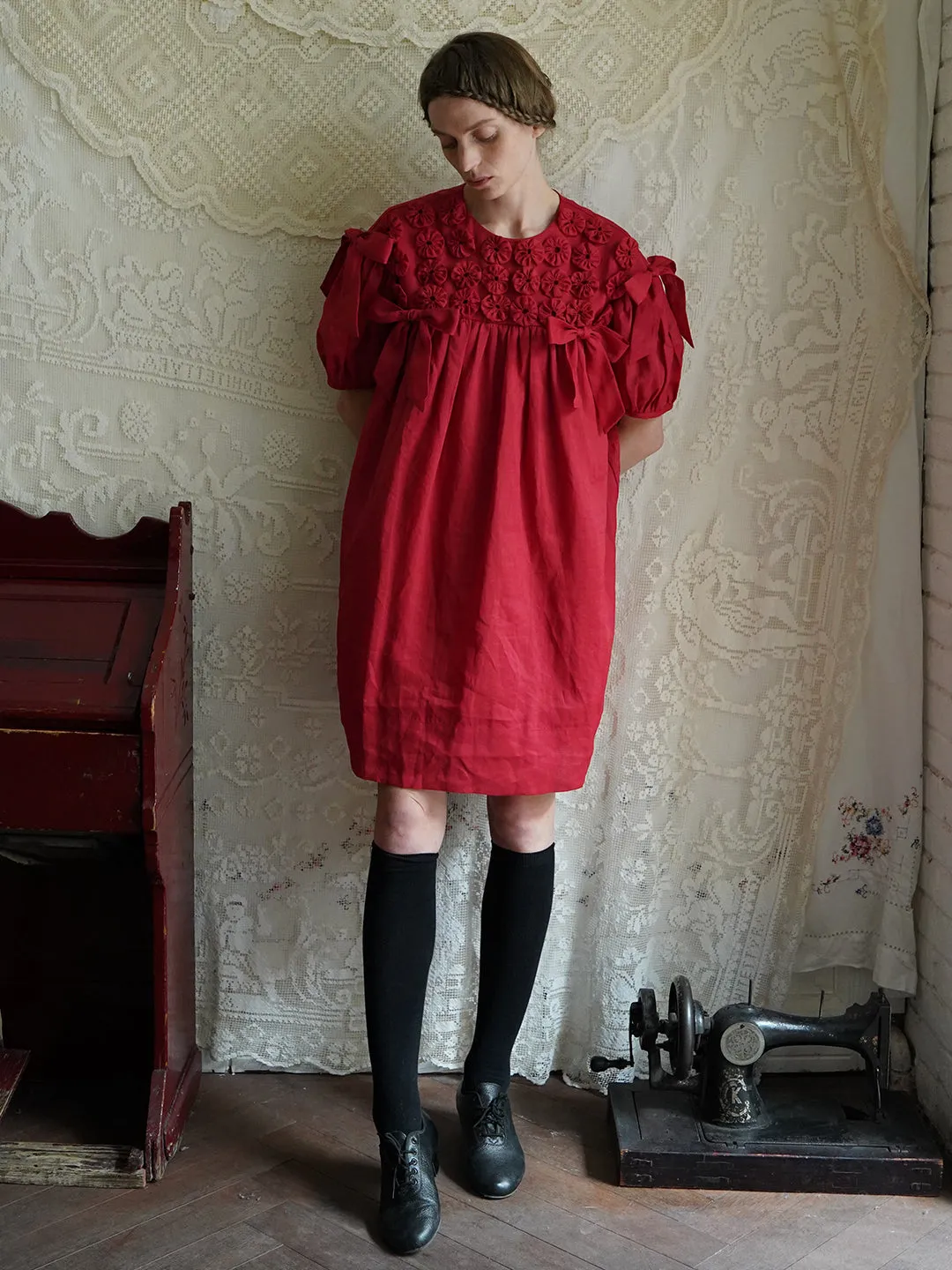 Unlogical Poem Handmade Yoyo Flower Bow Short Bud Dress