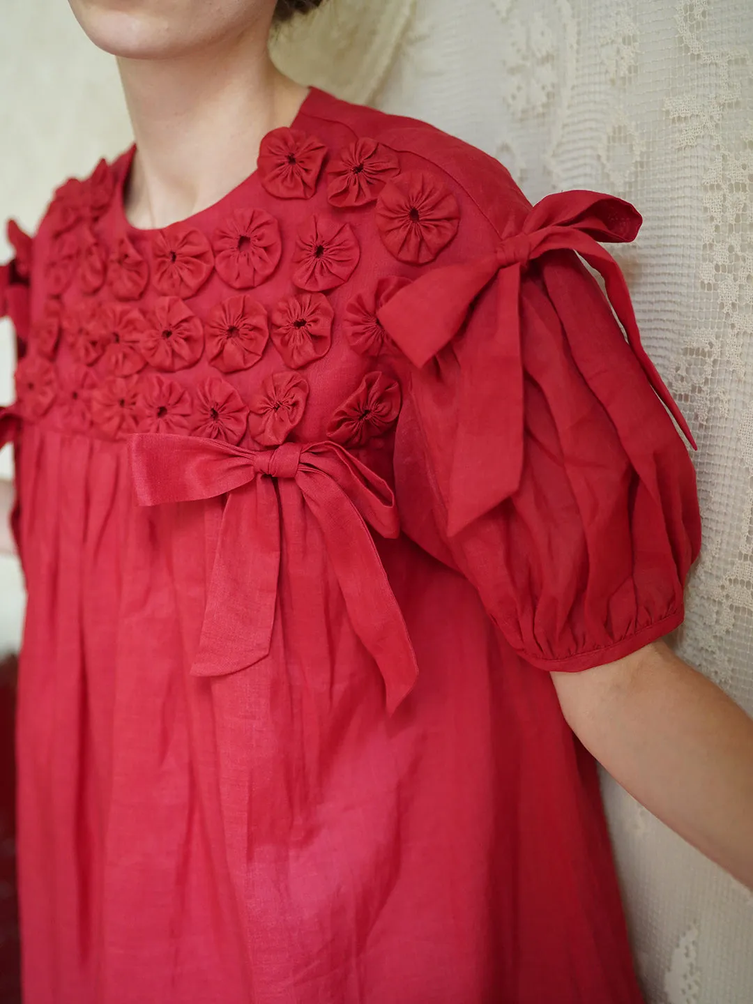 Unlogical Poem Handmade Yoyo Flower Bow Short Bud Dress