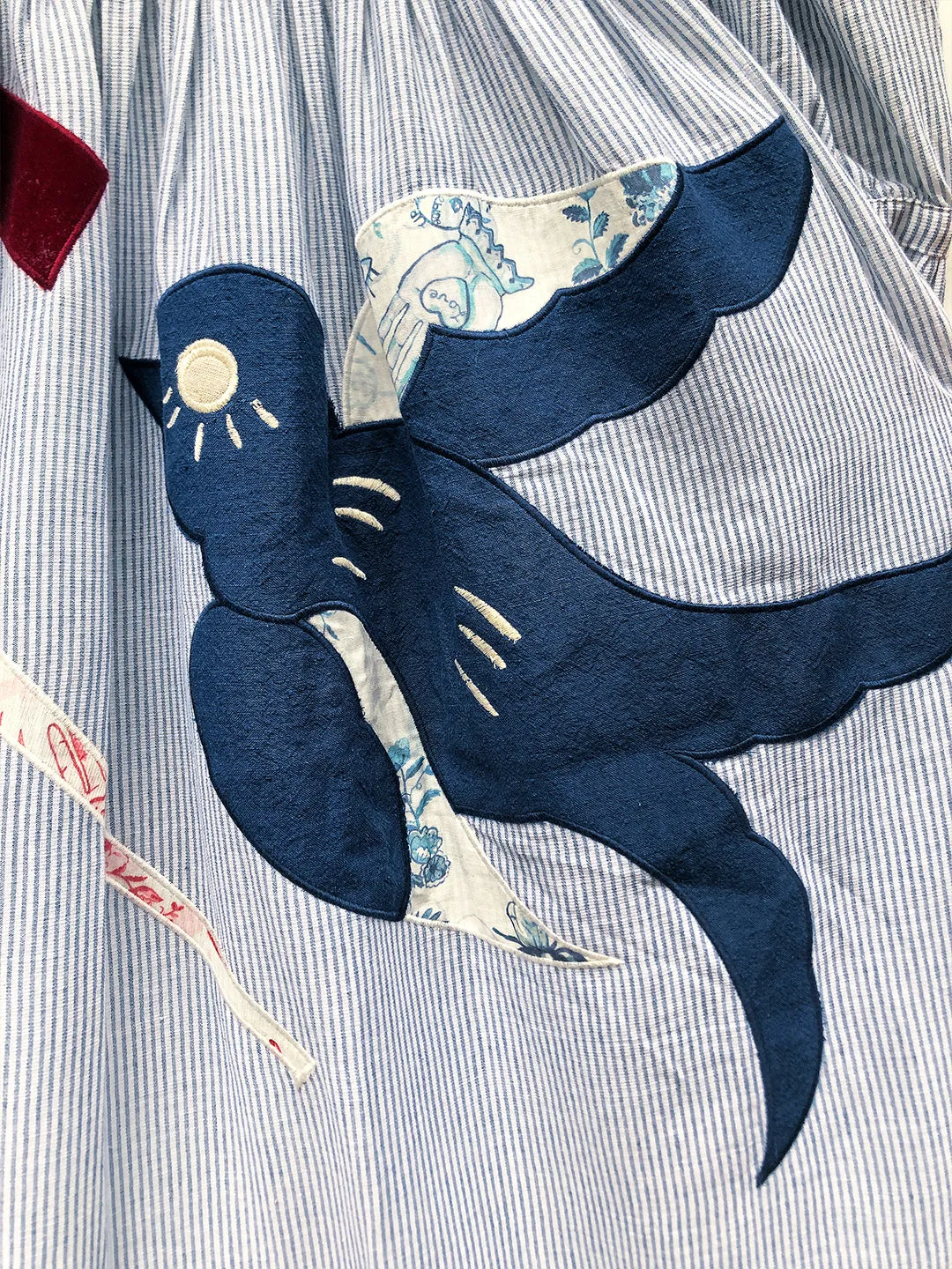 Unlogical Poem Illustration Embroidered Patches Round collar Blue Dress