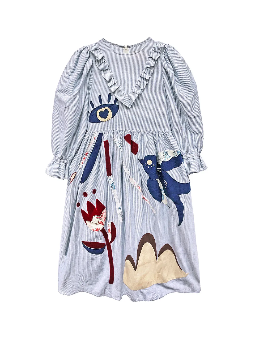 Unlogical Poem Illustration Embroidered Patches Round collar Blue Dress