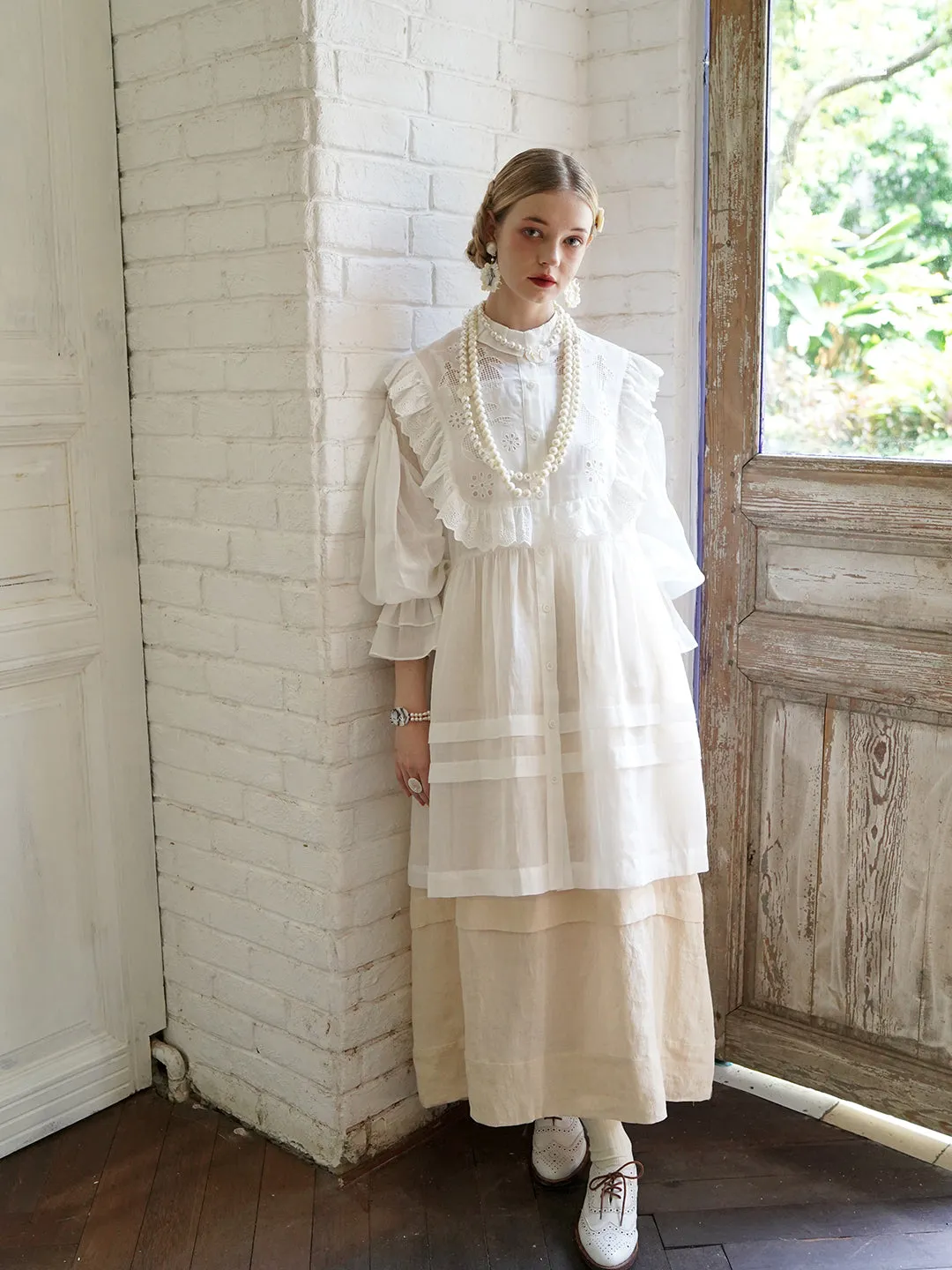 Unlogical Poem Paper-cut Hollow Embroidered Ramie Shirt Dress