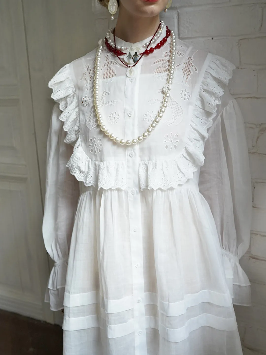 Unlogical Poem Paper-cut Hollow Embroidered Ramie Shirt Dress
