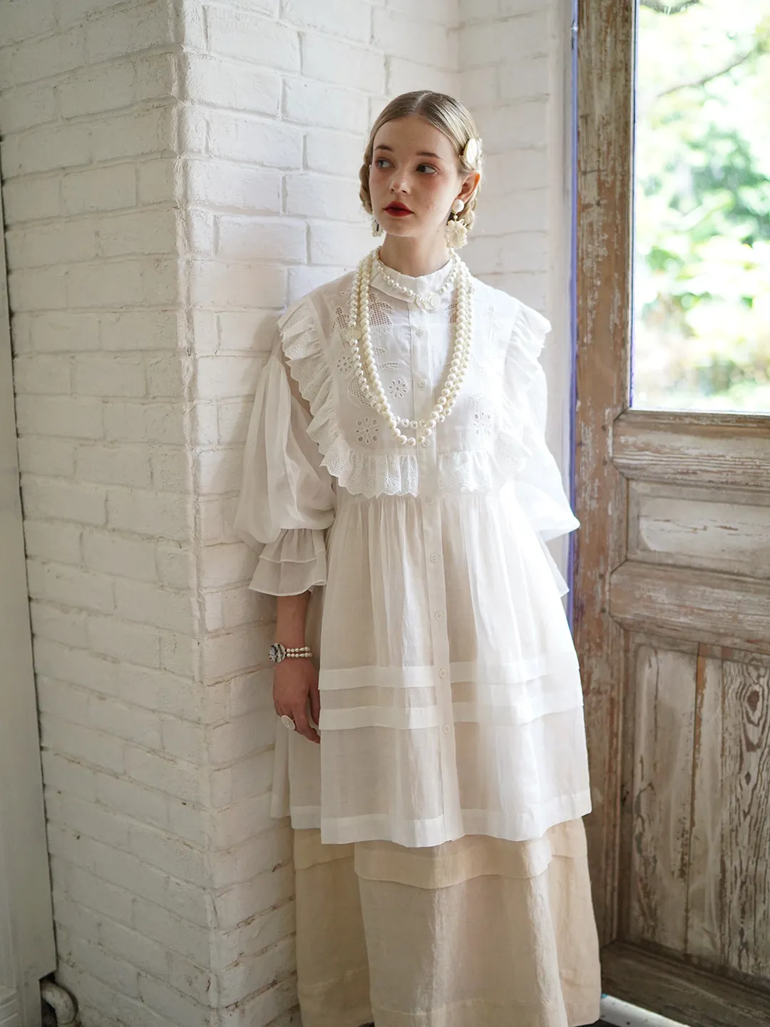 Unlogical Poem Paper-cut Hollow Embroidered Ramie Shirt Dress